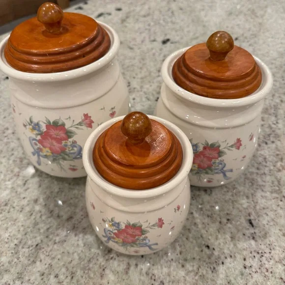 Vintage Floral Ceramic Canister Set with Wooden Lids pink flowers blue bows - Picture 7 of 10